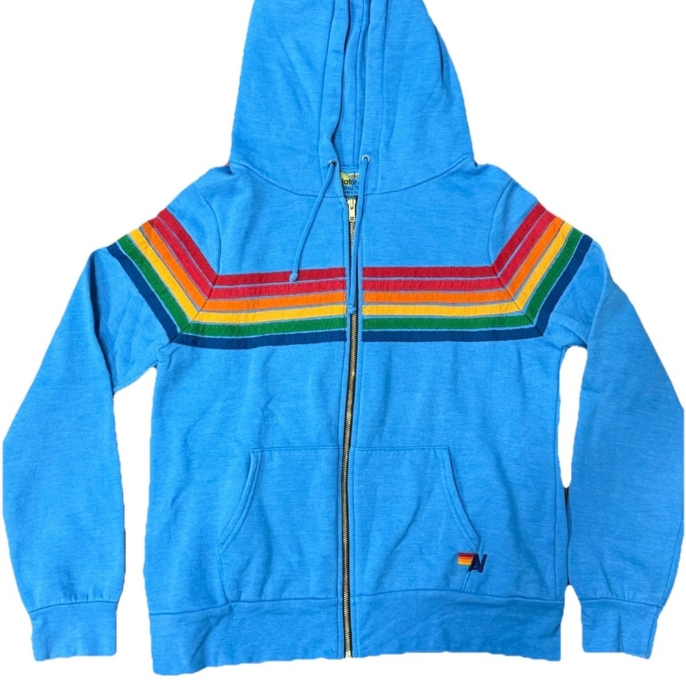 Aviator Nation Blue Hoodie with Rainbow Stripes